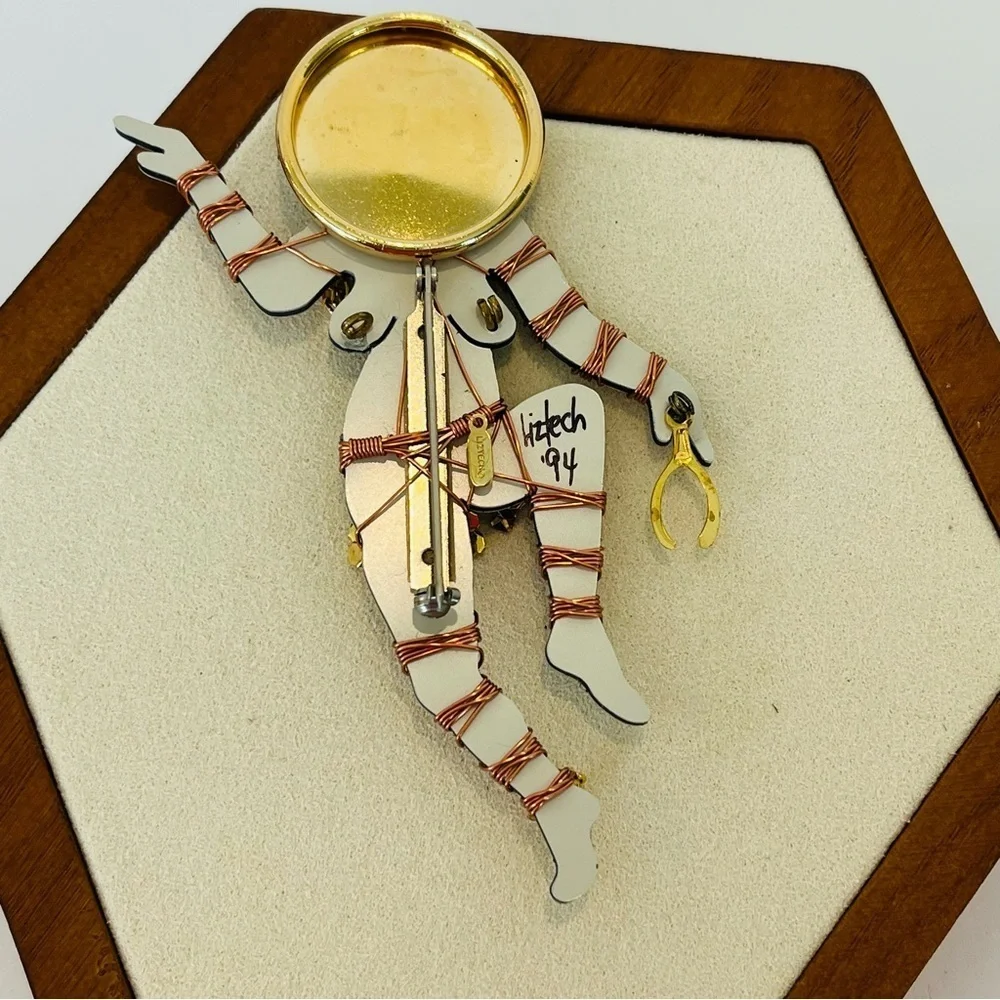 Vintage Liztech ‘94 Dancing Wolf Shaman Mirrored Brooch with Copper Wire Detail